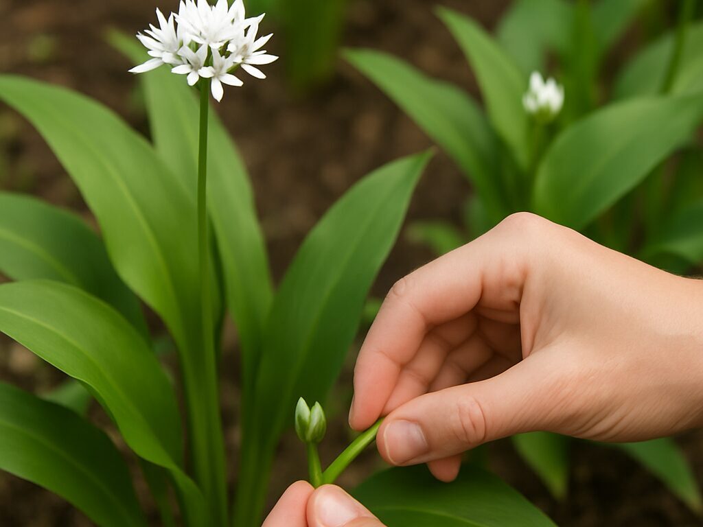 白花を咲かせた行者にんにくの花茎を指で摘み取る手元のアップ、屋外で