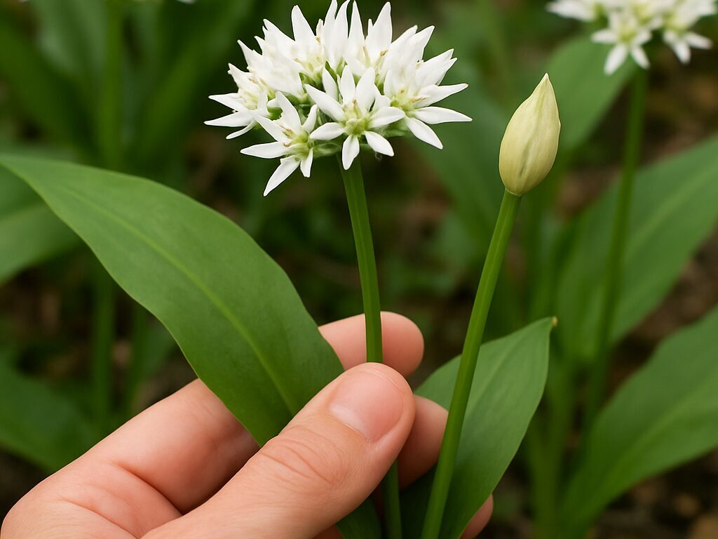 春の林床、白い小花が傘状に集まる行者にんにくの花序と幅広い緑の葉