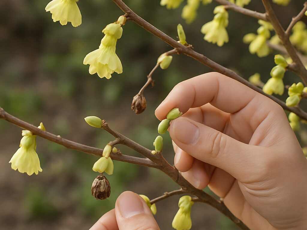 蕾が茶色くしおれ落ち始めたヒュウガミズキの枝を、園芸手袋で点検する近接カット