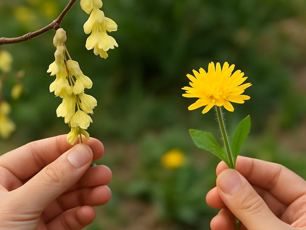 左のヒュウガミズキは小さな淡黄の房、右のトサミズキは長い花房で違いが分かる並び