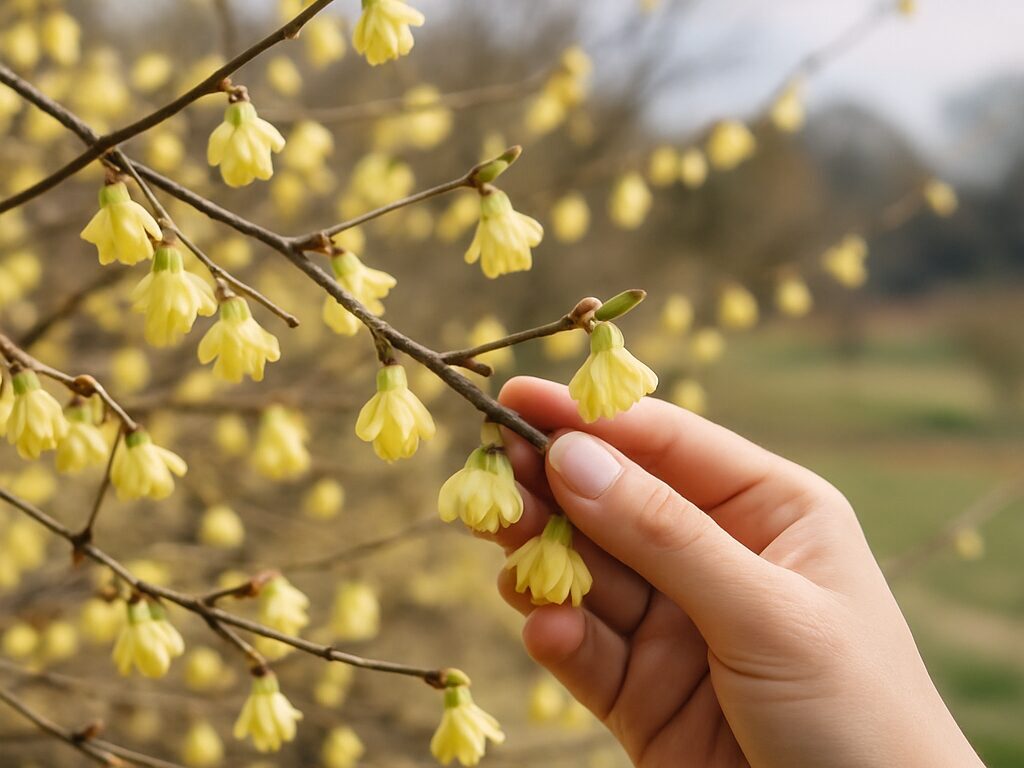 早春、葉のない枝に淡黄色の小花が2～3輪ずつ下向きに咲くヒュウガミズキの近景