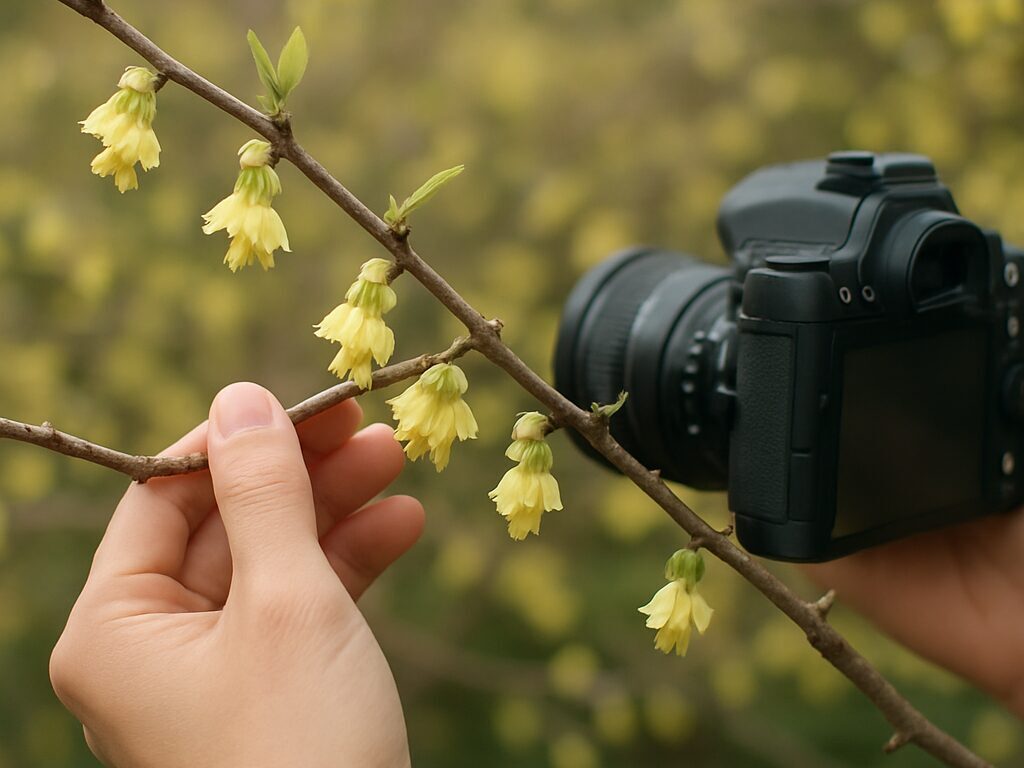 早春の公園で群植のヒュウガミズキが満開。小径脇でカメラを構える人を前景に収める
