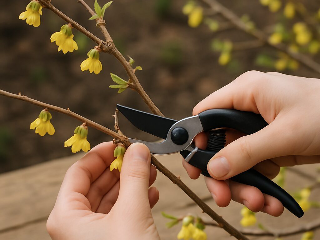 淡黄色の花を垂らすヒュウガミズキの切り枝を、窓辺の透明な花瓶に生けた室内情景