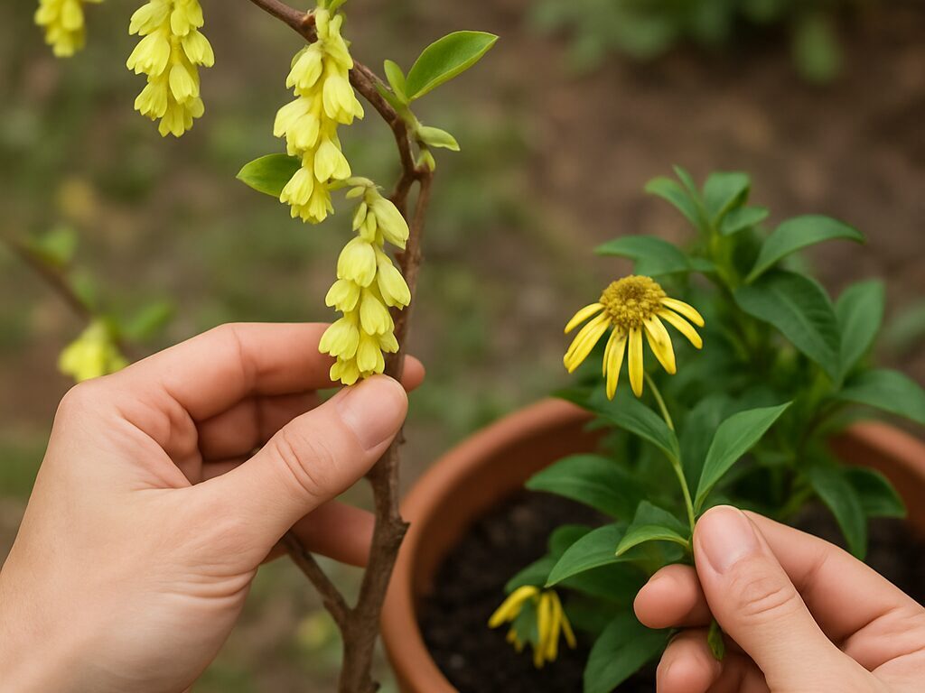 テーブルに並べた長持ちしやすい切り花の束の中で、淡黄のヒュウガミズキ枝を手に選別