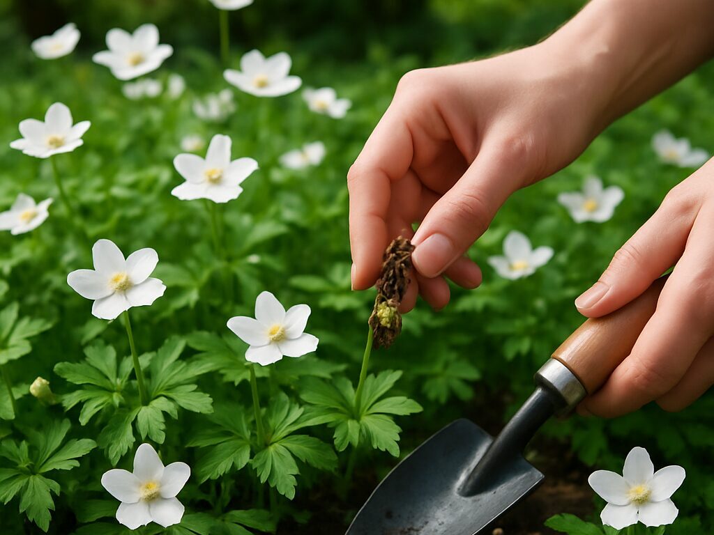 夏前の半日陰で、敷き藁を株元に敷き軽く水やりするニリンソウの鉢