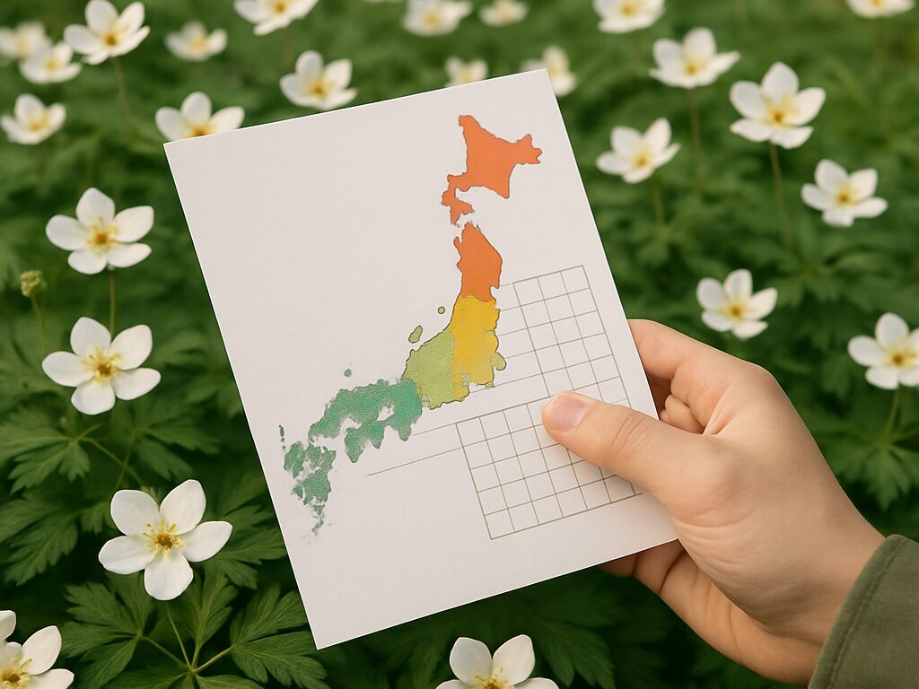 春の落葉樹林、木漏れ日の下で一面に咲き風に揺れる白いニリンソウの群生