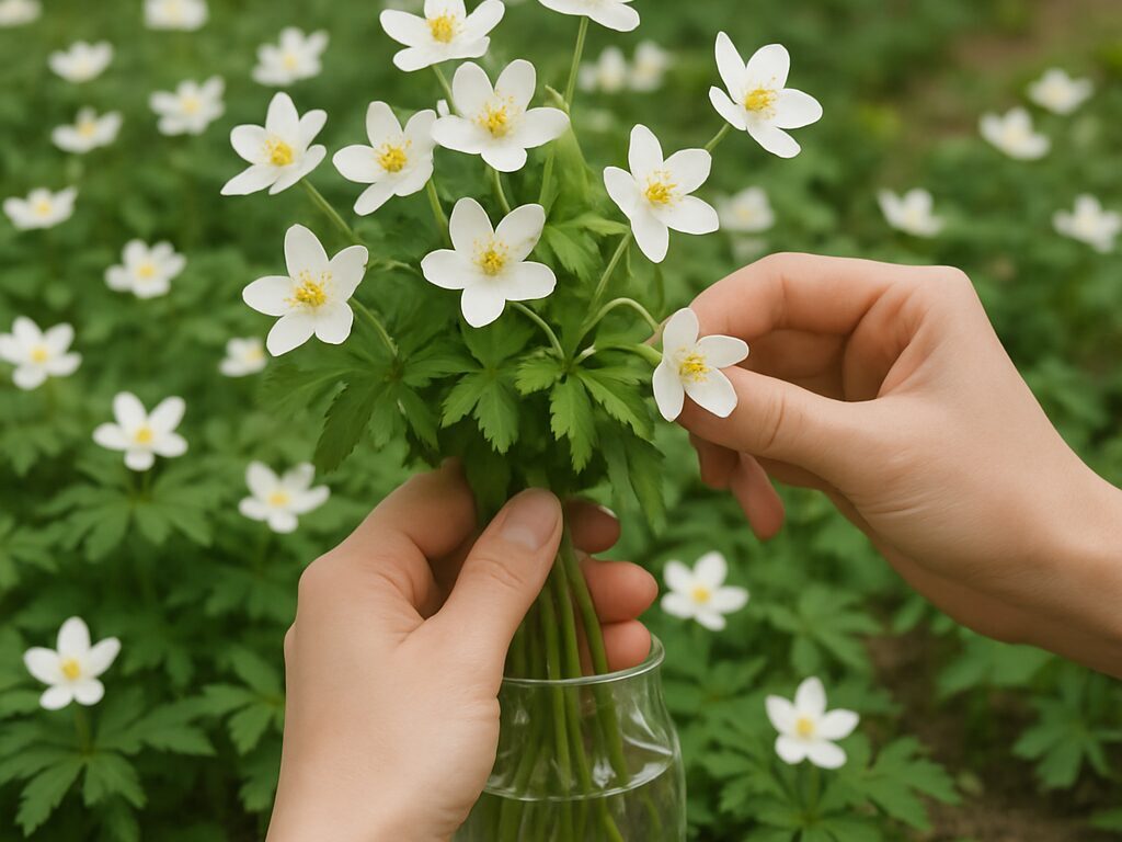 窓辺の小瓶に活けた白いニリンソウ。一本の茎に二輪の花が可憐に咲く