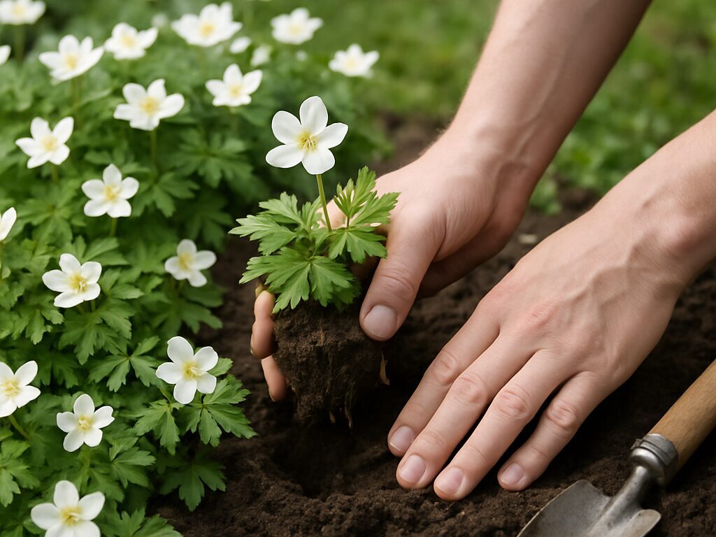 半日陰の腐葉土に小苗を植え付ける手元。浅植えで株間を空けるニリンソウ