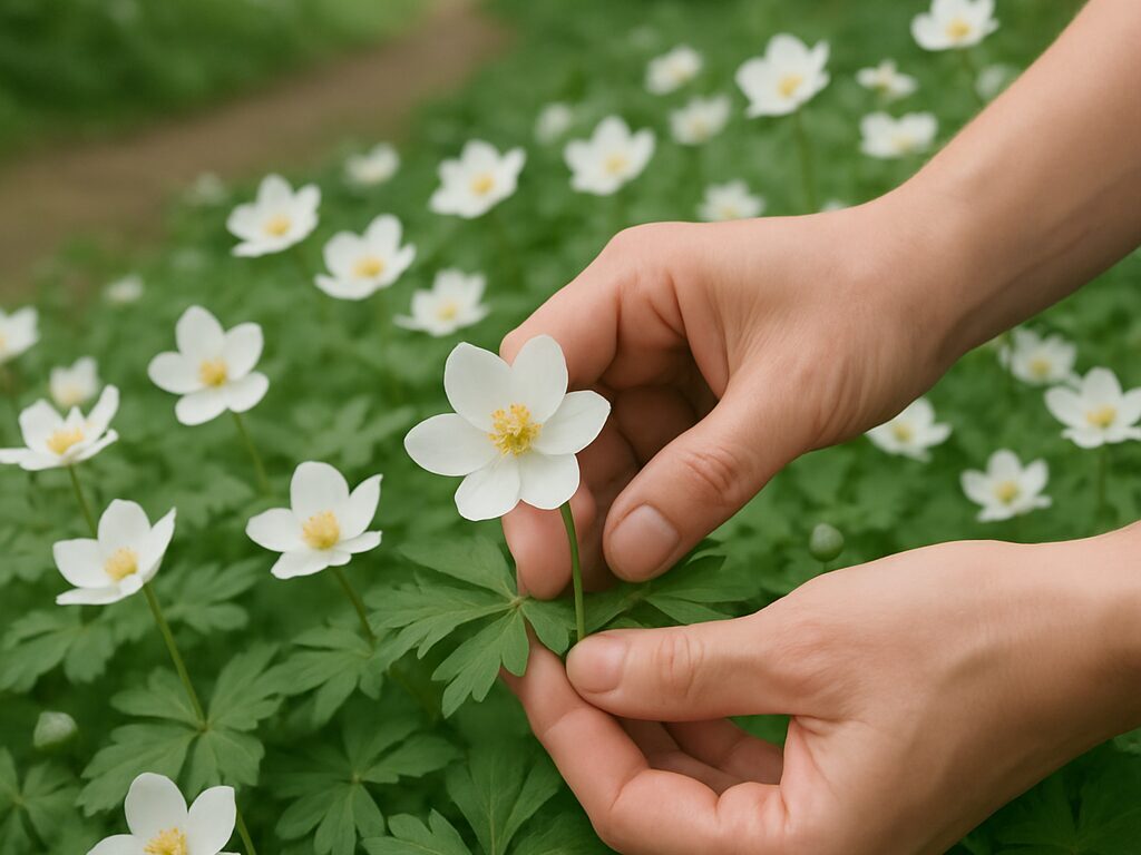林床で、白花が二輪並び黄色い雄しべが映えるニリンソウと切れ込み葉の接写