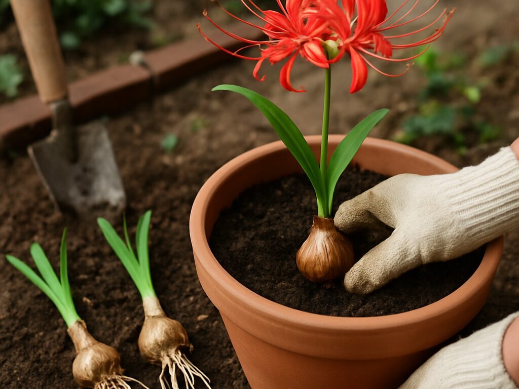 親球から子球を優しく分け、植え穴に並べて植え付ける手元の様子