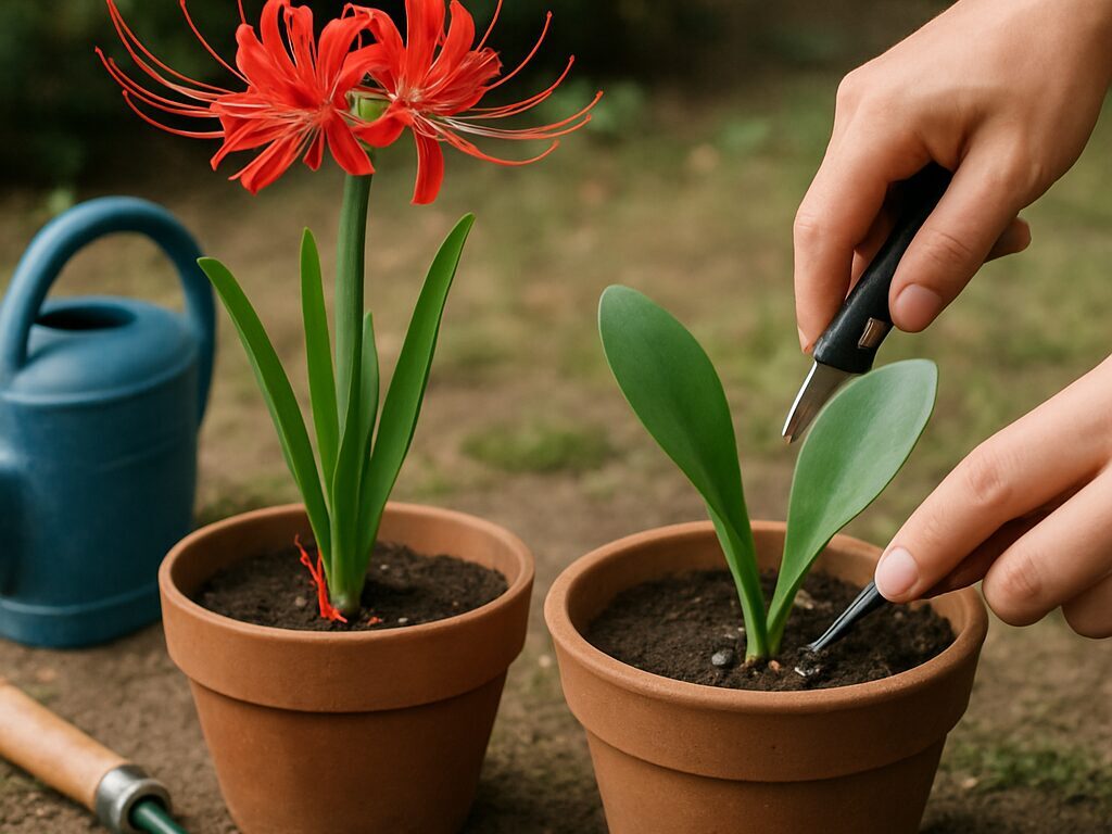 日当たりと風通しの良い花壇で、芽吹く彼岸花に適度な水やり管理