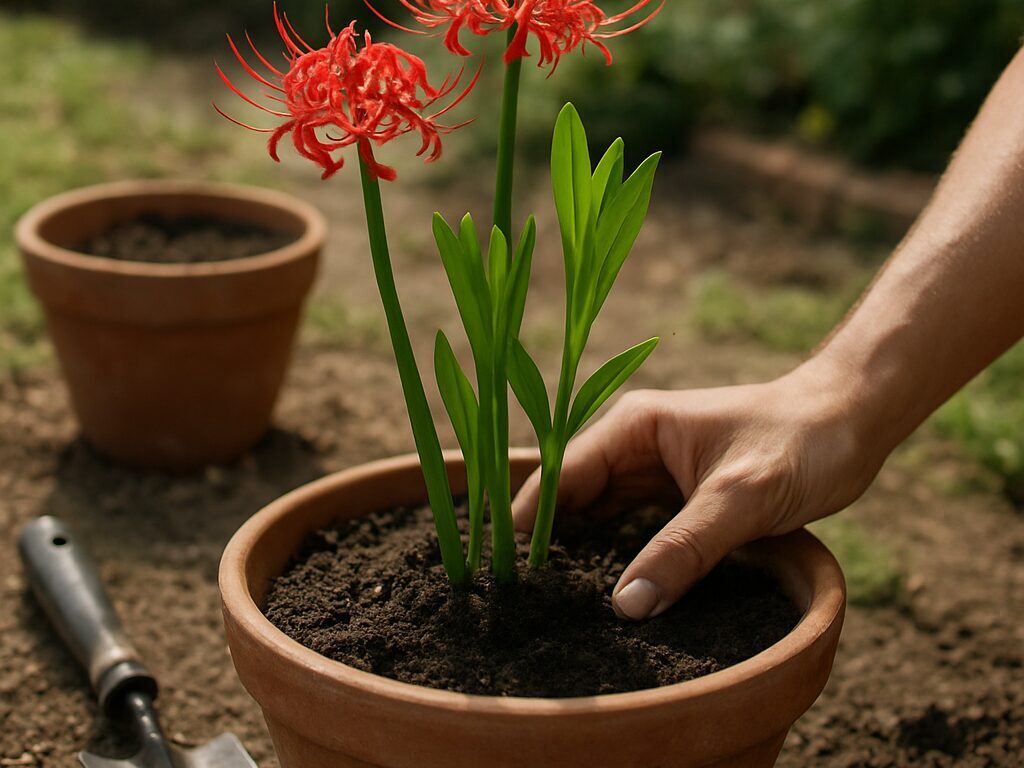 適切な管理で増えた赤い彼岸花が、花壇一面に咲きそろう美しい景色